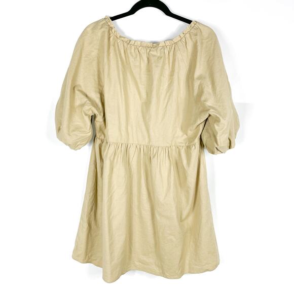 House of Harlow Ajay Mini Dress Linen Cotton Tan Puff Sleeves Babydoll Sz M - Picture 11 of 11